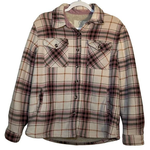 Sage Collective‎ Small Plaid Flannel Shacket Plush Sherpa Lined fleece cozy pink - Picture 1 of 9